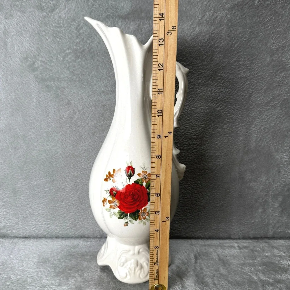 Vintage White Ceramic Rose Floral Pitcher Vase Ornate Handle Scalloped Cottage